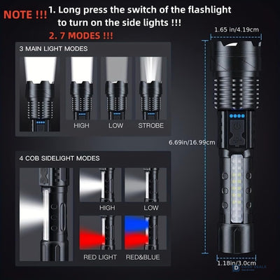 LED Rechargeable Flood Flashlight - Adjustable Focus Handheld Torch, Water-Resistant for Outdoor Camping, Fishing, Hunting, Climbing & Emergency