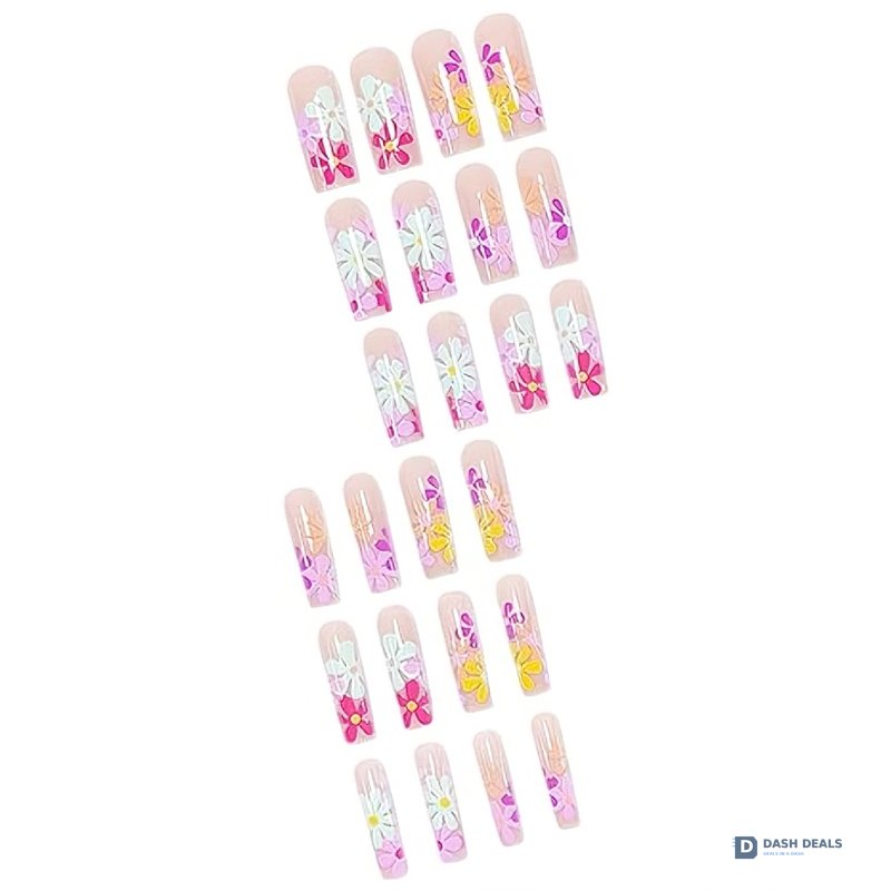 Long Flat Flower Press-On Nails 24 PCS — Floral Nail Art Set, At-Home Manicure