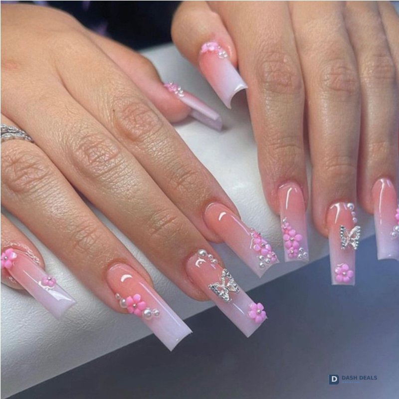Flower Diamond Butterfly Press-On Nails 24 PCS — Sparkle Floral Nail Art Set