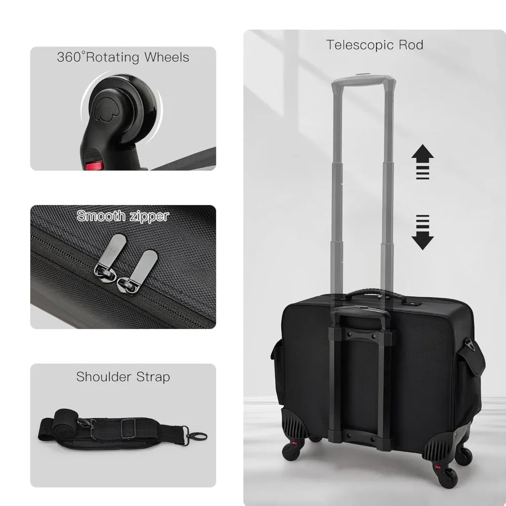 Rolling Makeup Case on Wheels, Extra Large Cosmetic Artist Bag, Portable Travel Case for Hairstylists & Nail Techs, Black