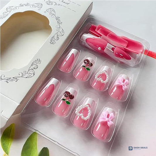 Cherry Bow Press On Nails - 24 PCS Short Almond Coquette Pink Gel Press On Nails Set, Cute Trendy Y2K Fake Nails for Women