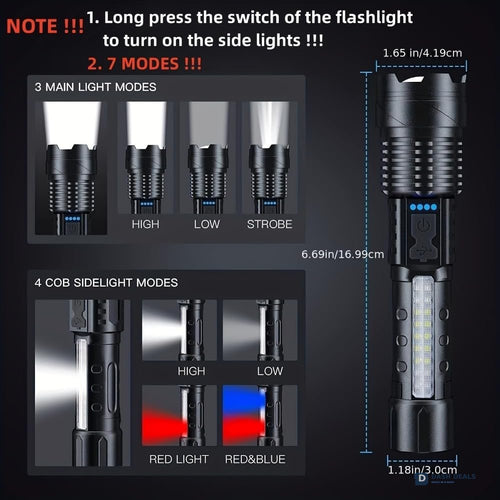 LED Rechargeable Flood Flashlight - Adjustable Focus Handheld Torch, Water-Resistant for Outdoor Camping, Fishing, Hunting, Climbing & Emergency