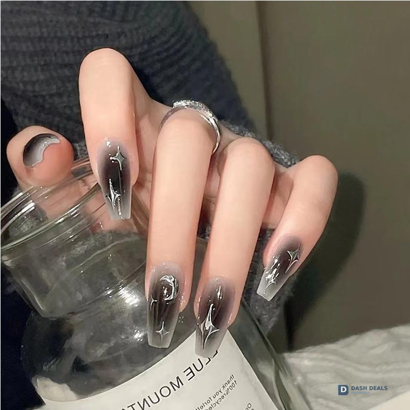 Black Silver Star Press-On Nails 24 PCS — Celestial Nail Art Set, Short Length