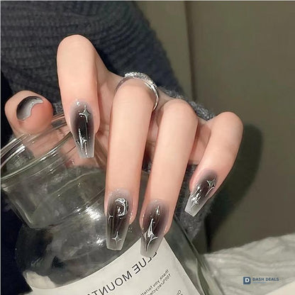 Black Silver Star Press-On Nails 24 PCS — Celestial Nail Art Set, Short Length