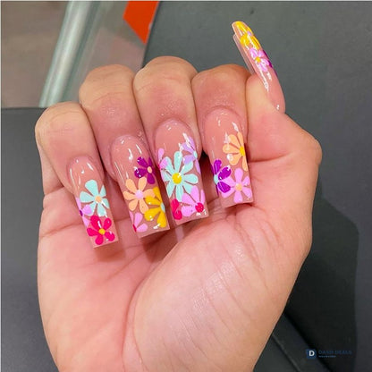 Long Flat Flower Press-On Nails 24 PCS — Floral Nail Art Set, At-Home Manicure