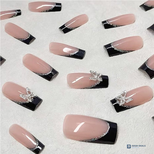 Black Pink Butterfly Press-On Nails 24 PCS — Bold Two-Tone Nail Art, At-Home Manicure