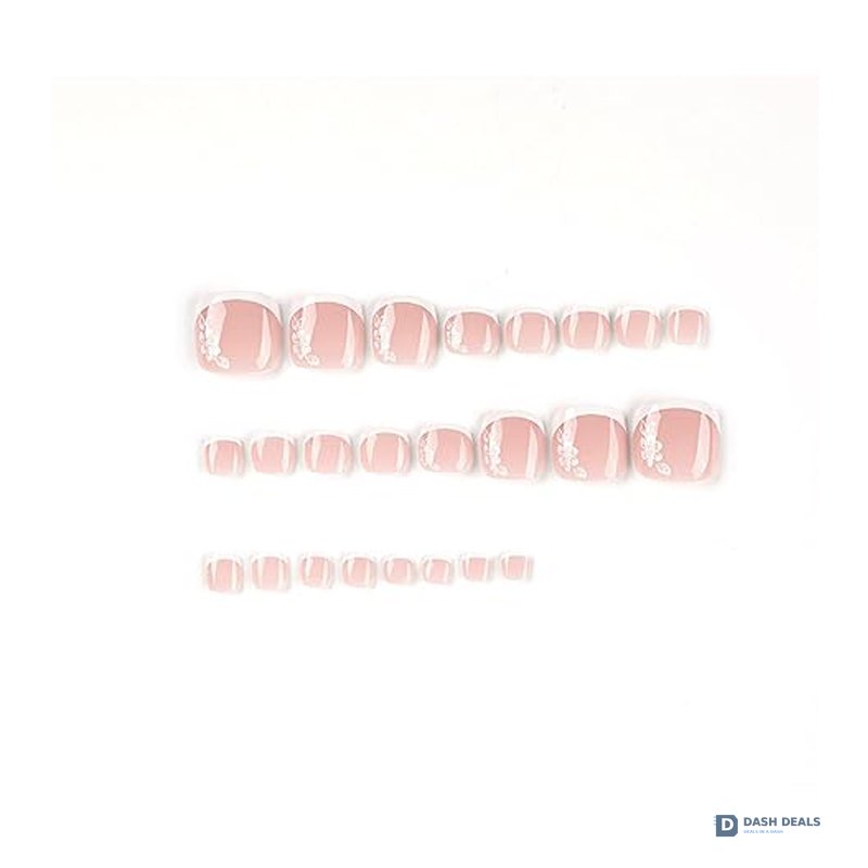 White Flower Press On Toenails - 24 PCS French Tip Floral Stick On Fake Toe Nails for Women, Short Square Glue On Pedicure Set