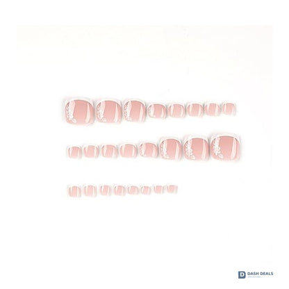 White Flower Press On Toenails - 24 PCS French Tip Floral Stick On Fake Toe Nails for Women, Short Square Glue On Pedicure Set