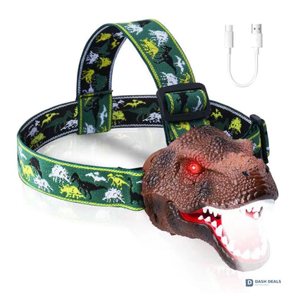 Dinosaur Headlamp for Kids - LED Headlight with Realistic Roar Sound, 4 Modes & Adjustable Headband, Camping Gear Gift for Boys & Girls