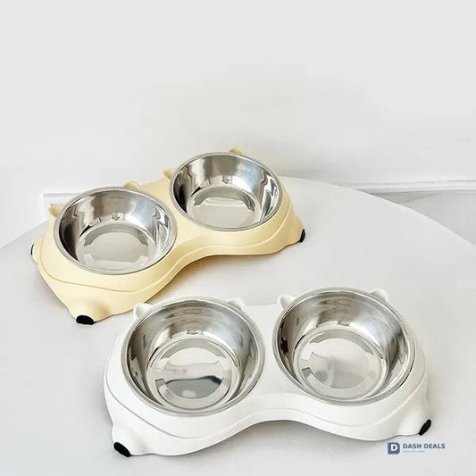 Macaron Pink Stainless Steel Pet Bowls — Dual 600ml, Non-Slip, Dishwasher Safe