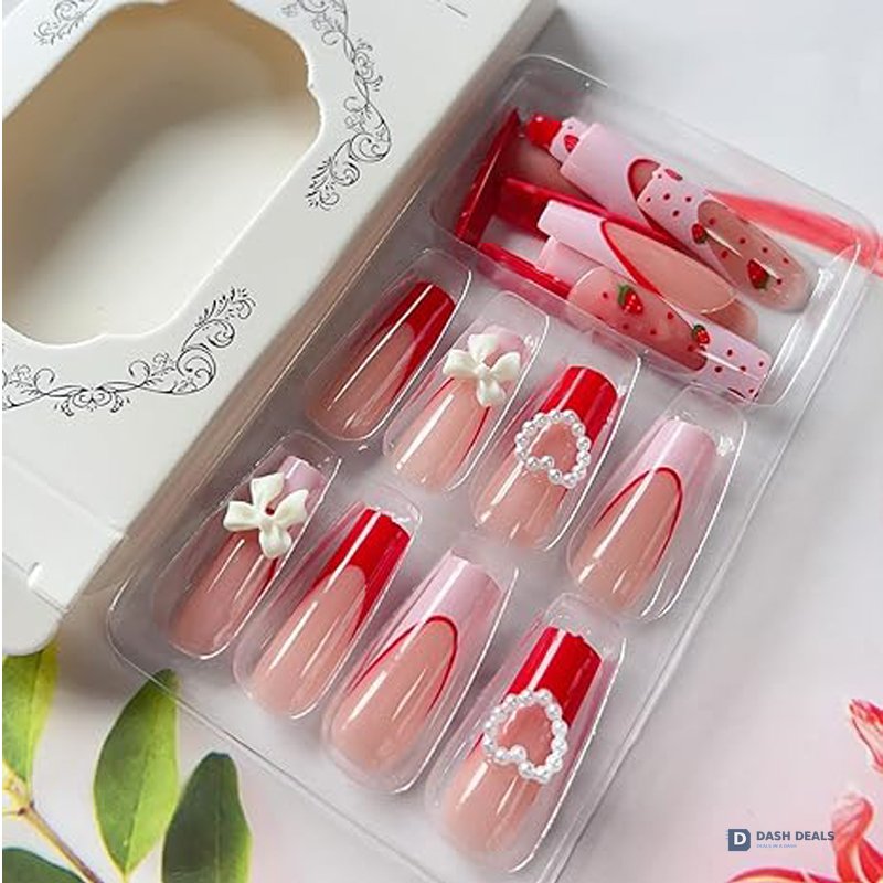 Strawberry Bow Press-On Nails 24 PCS — Cute Coquette Nail Art Set, Short Length