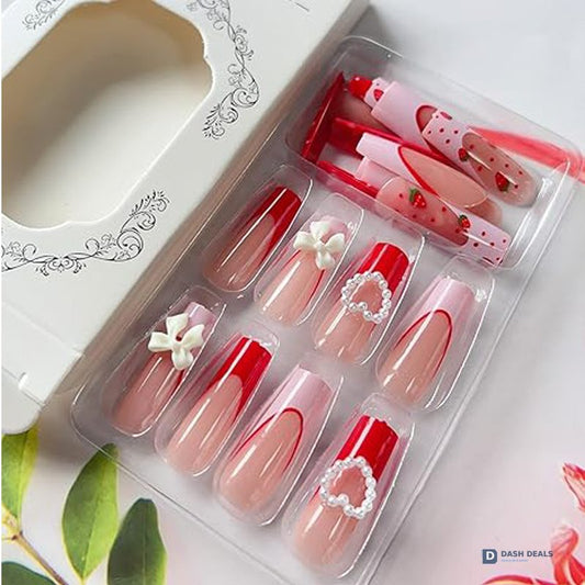 Strawberry Bow Press-On Nails 24 PCS — Cute Coquette Nail Art Set, Short Length