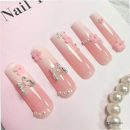 Flower Diamond Butterfly Press-On Nails 24 PCS — Sparkle Floral Nail Art Set