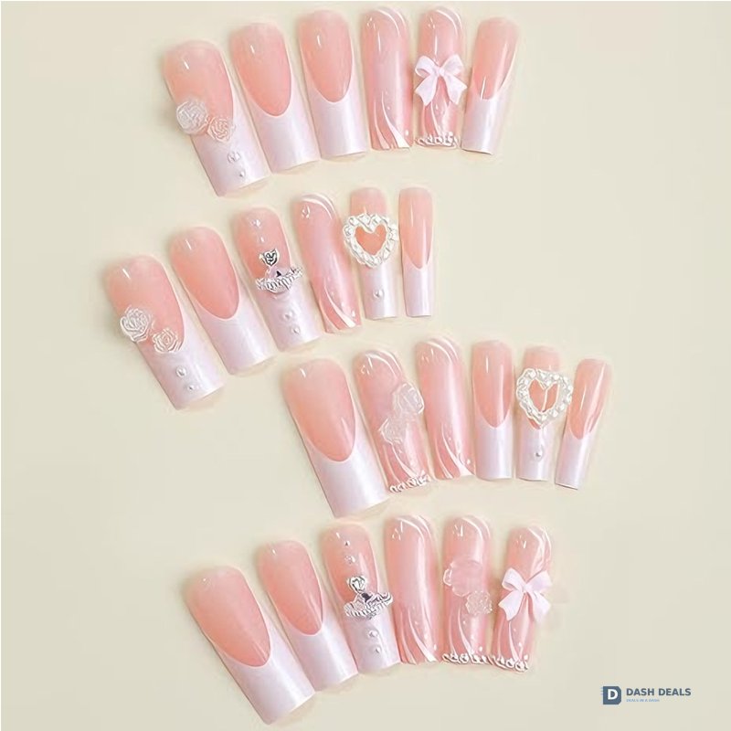Planet Pearl Flower Press On Nails - 24 PCS Short Almond Pearl Floral Gel Press On Nails Set, Cute Wedding Bridal Fake Nails for Women
