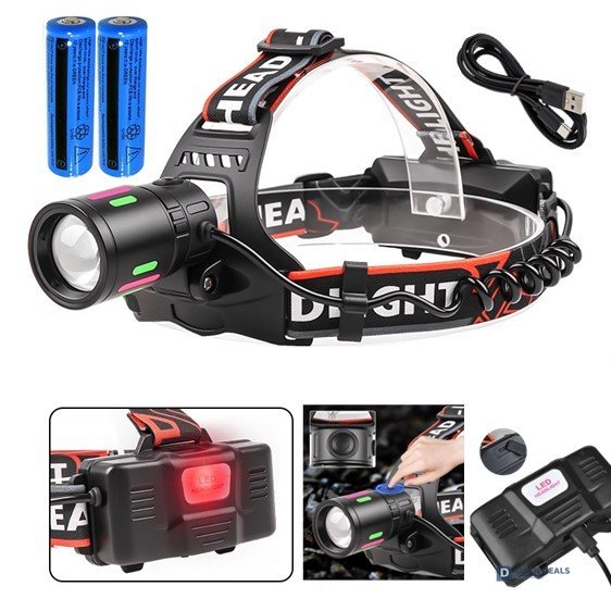 LED Headlamp USB Rechargeable with 2 Li-ion Batteries - Zoomable Super-Bright Headlight, 3 Modes for Camping, Hiking, Work & Emergency