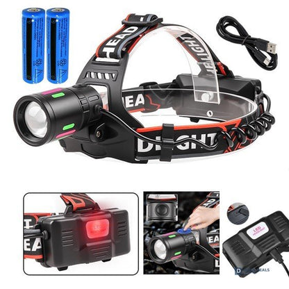 LED Headlamp USB Rechargeable with 2 Li-ion Batteries - Zoomable Super-Bright Headlight, 3 Modes for Camping, Hiking, Work & Emergency