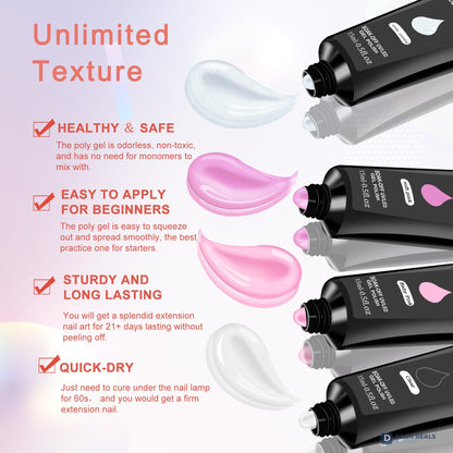 6 PCS Polygel Nail Kit with UV Lamp - Builder Gel Set with Nail Brush, Forms, Top & Base Coat - Complete Polygel Starter Tools