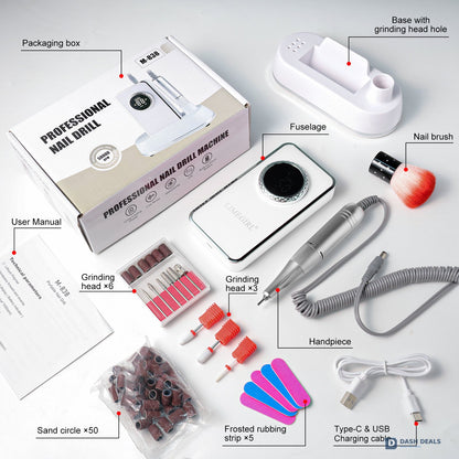 50,000 RPM Professional Electric Nail Drill - Cordless Rechargeable E-File Machine with 6 Bits for Acrylic, Gel Nails, Manicure & Pedicure - Pro Salon Grade