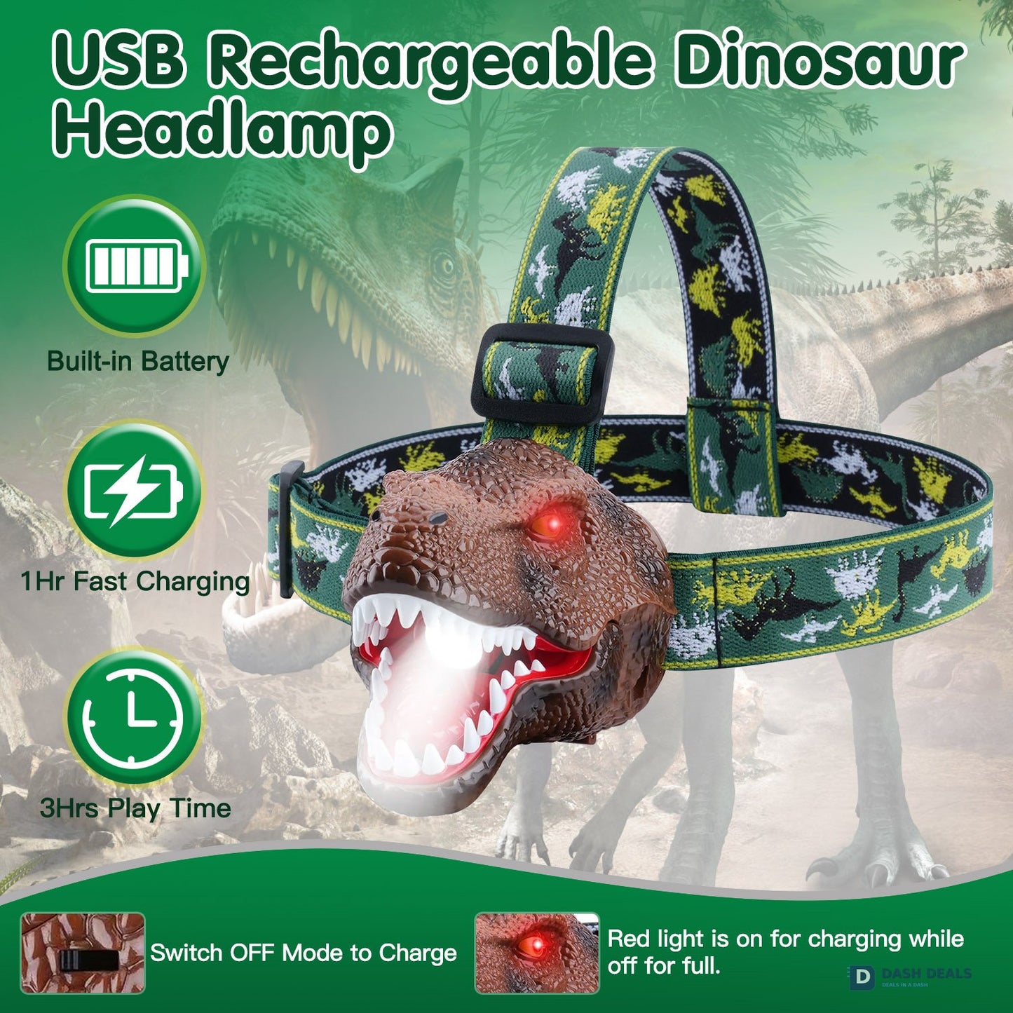 Dinosaur Headlamp for Kids - LED Headlight with Realistic Roar Sound, 4 Modes & Adjustable Headband, Camping Gear Gift for Boys & Girls