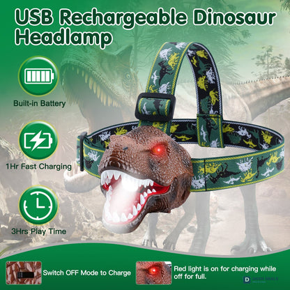 Dinosaur Headlamp for Kids - LED Headlight with Realistic Roar Sound, 4 Modes & Adjustable Headband, Camping Gear Gift for Boys & Girls