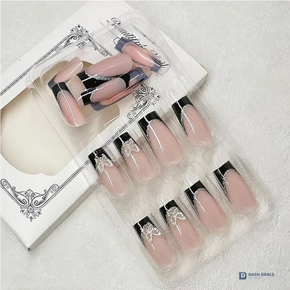 Black Pink Butterfly Press-On Nails 24 PCS — Bold Two-Tone Nail Art, At-Home Manicure