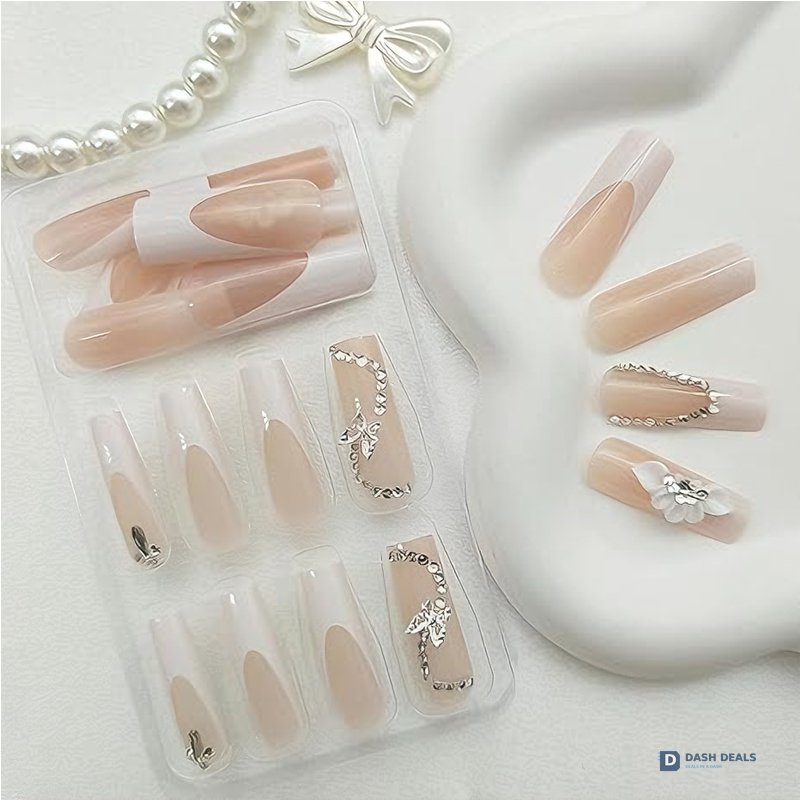 White Flower Diamond Butterfly Press-On Nails 24 PCS — Bridal Wedding Nail Art Set
