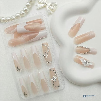White Flower Diamond Butterfly Press-On Nails 24 PCS — Bridal Wedding Nail Art Set