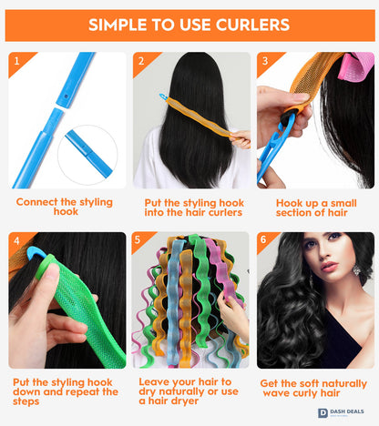 Heatless Hair Curlers Set - 30 PCS Sleep-In Wave Curl Styling Rollers in 6 Colors, Damage-Free Hair Curling Kit for Women & Girls