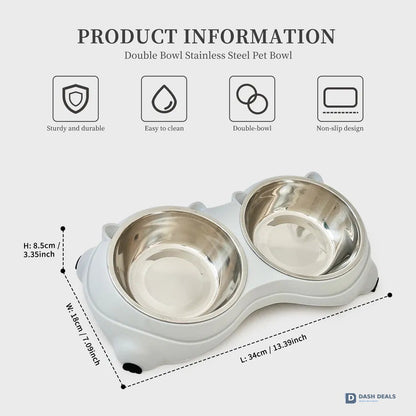 Macaron Pink Stainless Steel Pet Bowls — Dual 600ml, Non-Slip, Dishwasher Safe