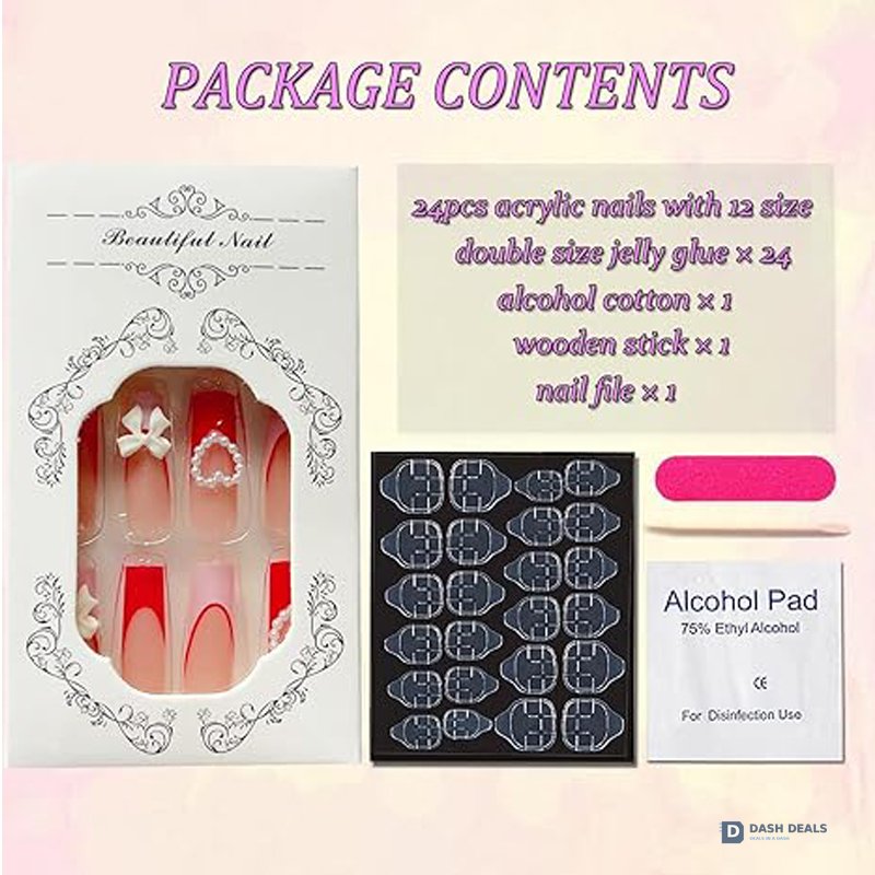 Strawberry Bow Press-On Nails 24 PCS — Cute Coquette Nail Art Set, Short Length