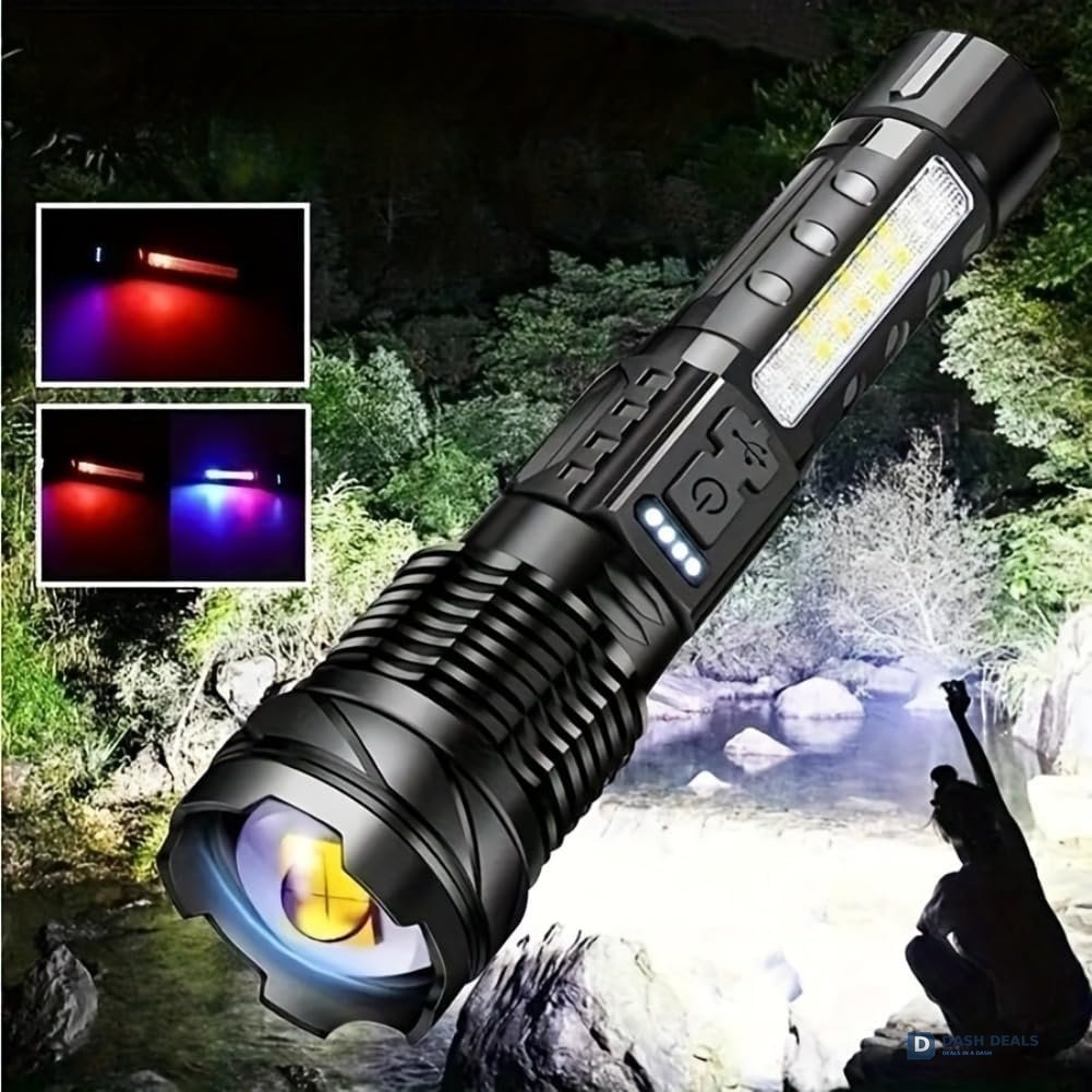 LED Rechargeable Flood Flashlight - Adjustable Focus Handheld Torch, Water-Resistant for Outdoor Camping, Fishing, Hunting, Climbing & Emergency