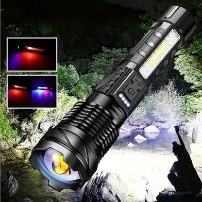 LED Rechargeable Flood Flashlight - Adjustable Focus Handheld Torch, Water-Resistant for Outdoor Camping, Fishing, Hunting, Climbing & Emergency