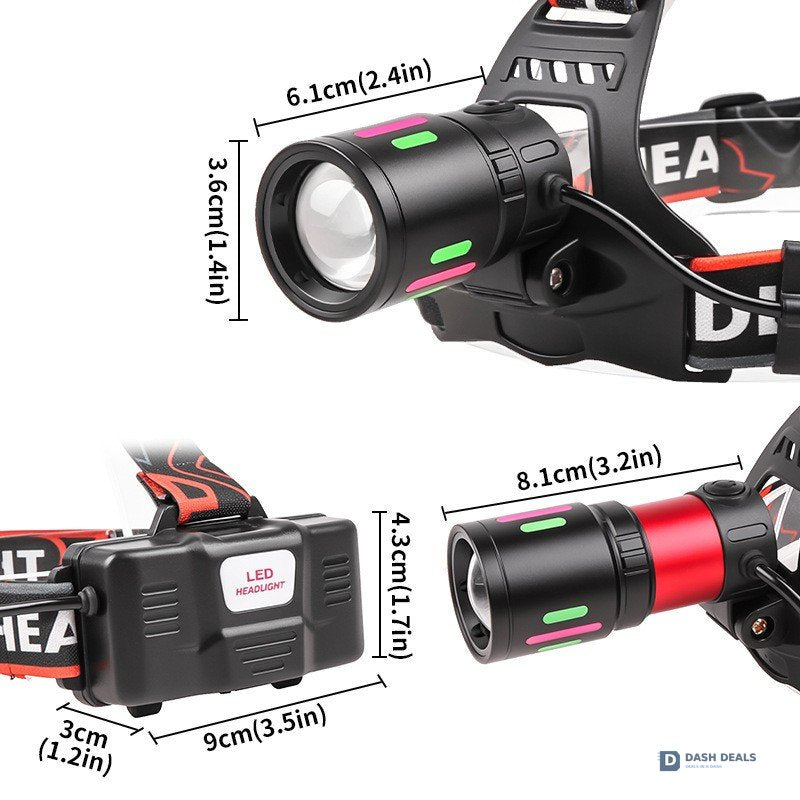 LED Headlamp USB Rechargeable with 2 Li-ion Batteries - Zoomable Super-Bright Headlight, 3 Modes for Camping, Hiking, Work & Emergency
