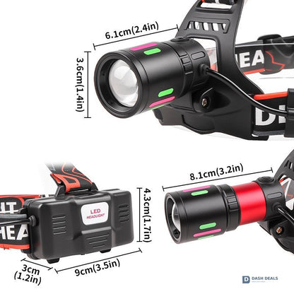 LED Headlamp USB Rechargeable with 2 Li-ion Batteries - Zoomable Super-Bright Headlight, 3 Modes for Camping, Hiking, Work & Emergency