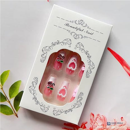 Cherry Bow Press On Nails - 24 PCS Short Almond Coquette Pink Gel Press On Nails Set, Cute Trendy Y2K Fake Nails for Women