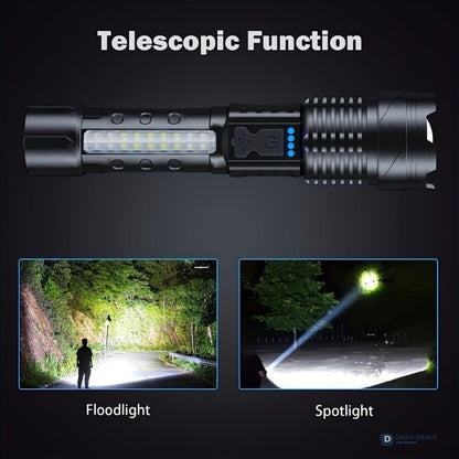 LED Rechargeable Flood Flashlight - Adjustable Focus Handheld Torch, Water-Resistant for Outdoor Camping, Fishing, Hunting, Climbing & Emergency
