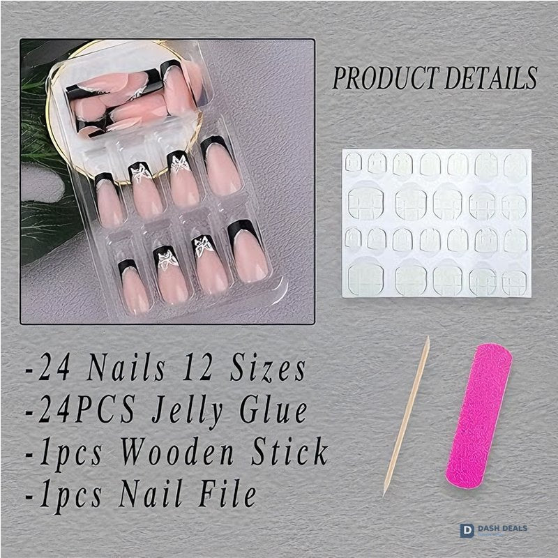 Black Pink Butterfly Press-On Nails 24 PCS — Bold Two-Tone Nail Art, At-Home Manicure