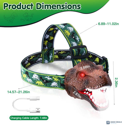 Dinosaur Headlamp for Kids - LED Headlight with Realistic Roar Sound, 4 Modes & Adjustable Headband, Camping Gear Gift for Boys & Girls