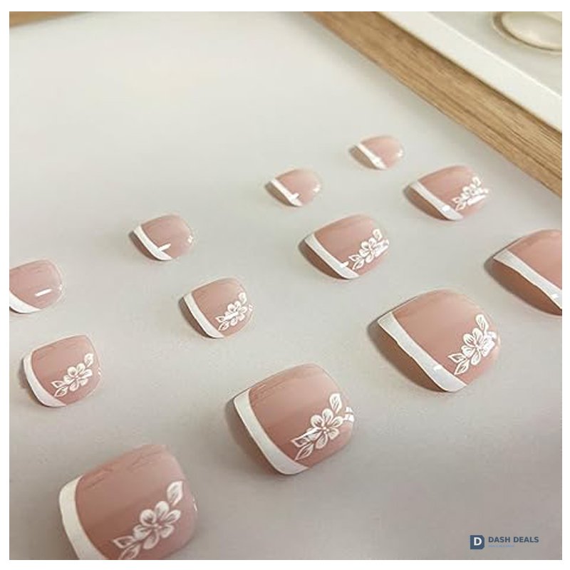 White Flower Press On Toenails - 24 PCS French Tip Floral Stick On Fake Toe Nails for Women, Short Square Glue On Pedicure Set