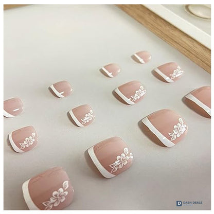 White Flower Press On Toenails - 24 PCS French Tip Floral Stick On Fake Toe Nails for Women, Short Square Glue On Pedicure Set