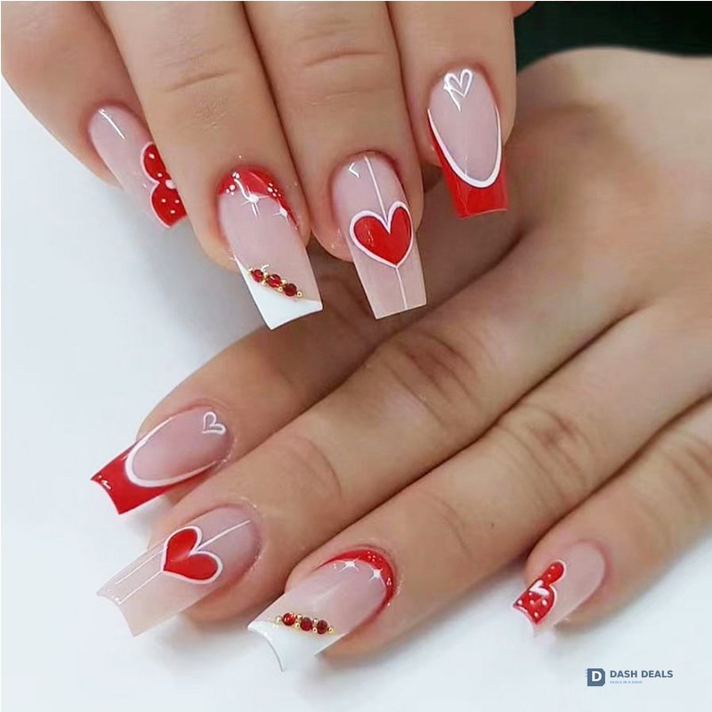 Red & White Heart Press-On Nails 24 PCS — Two-Tone Romantic Nail Art for At-Home Manicure