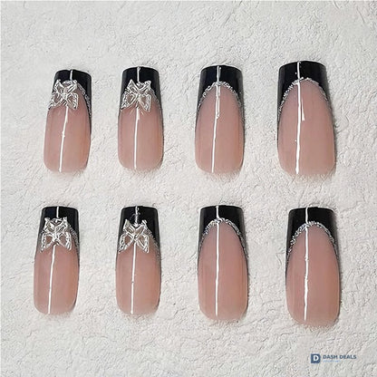 Black Pink Butterfly Press-On Nails 24 PCS — Bold Two-Tone Nail Art, At-Home Manicure