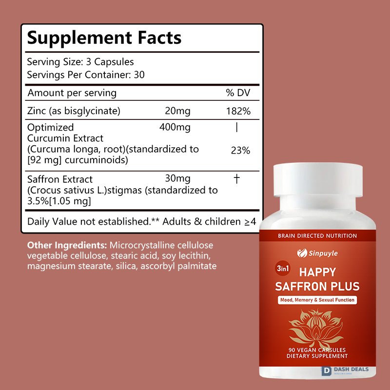 Saffron Supplement with Curcumin & Zinc - Daily Mood, Memory, Eye & Joint Wellness Capsules for Men & Women