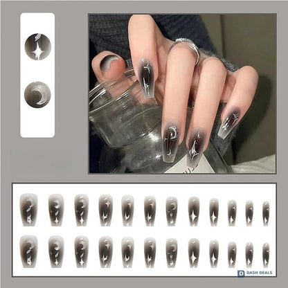 Black Silver Star Press-On Nails 24 PCS — Celestial Nail Art Set, Short Length