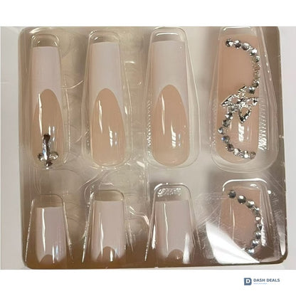 White Flower Diamond Butterfly Press-On Nails 24 PCS — Bridal Wedding Nail Art Set