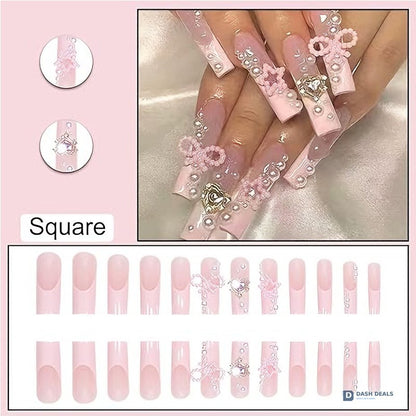 Bow Knot Press-On Nails 24 PCS — Cute Short Press On Nail Art Set, At-Home Manicure