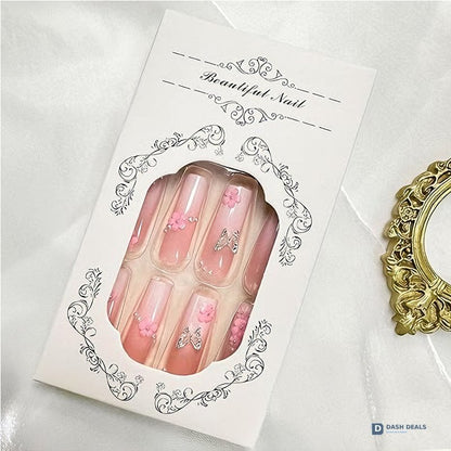 Flower Diamond Butterfly Press-On Nails 24 PCS — Sparkle Floral Nail Art Set