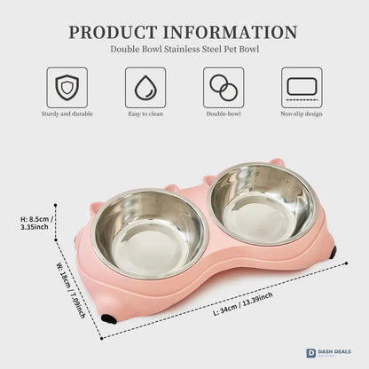 Macaron Pink Stainless Steel Pet Bowls — Dual 600ml, Non-Slip, Dishwasher Safe