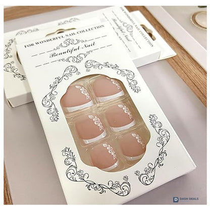 White Flower Press On Toenails - 24 PCS French Tip Floral Stick On Fake Toe Nails for Women, Short Square Glue On Pedicure Set
