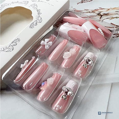 Planet Pearl Flower Press On Nails - 24 PCS Short Almond Pearl Floral Gel Press On Nails Set, Cute Wedding Bridal Fake Nails for Women